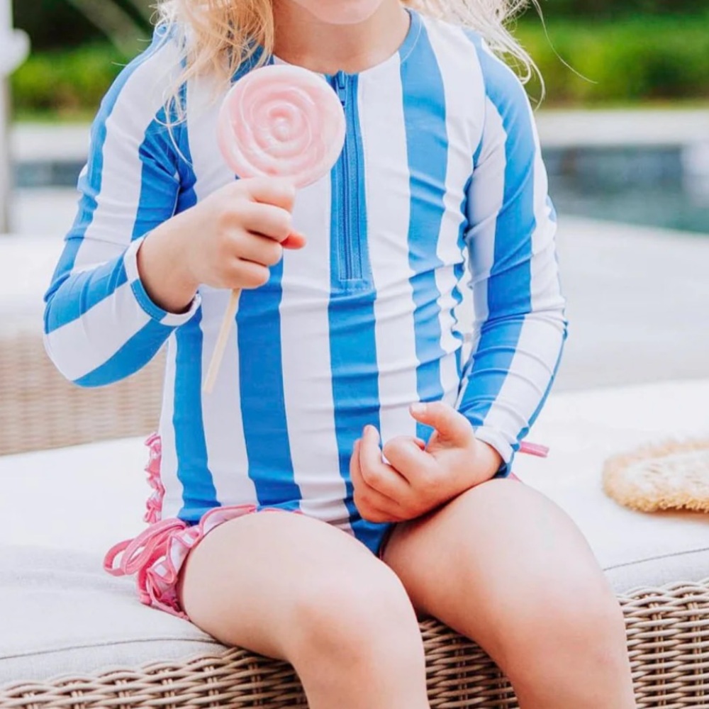 Sweethoney Girls Swim Rash Guard - Blue and White 6Y